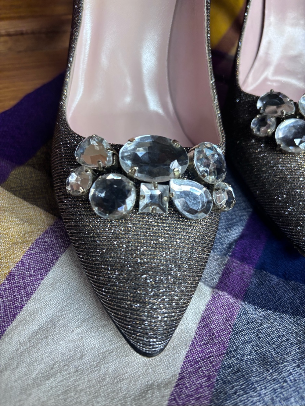 kate spade Gold Glitter Jeweled Pointed-Toe Pumps with Crystal Accent - Picture 4 of 10